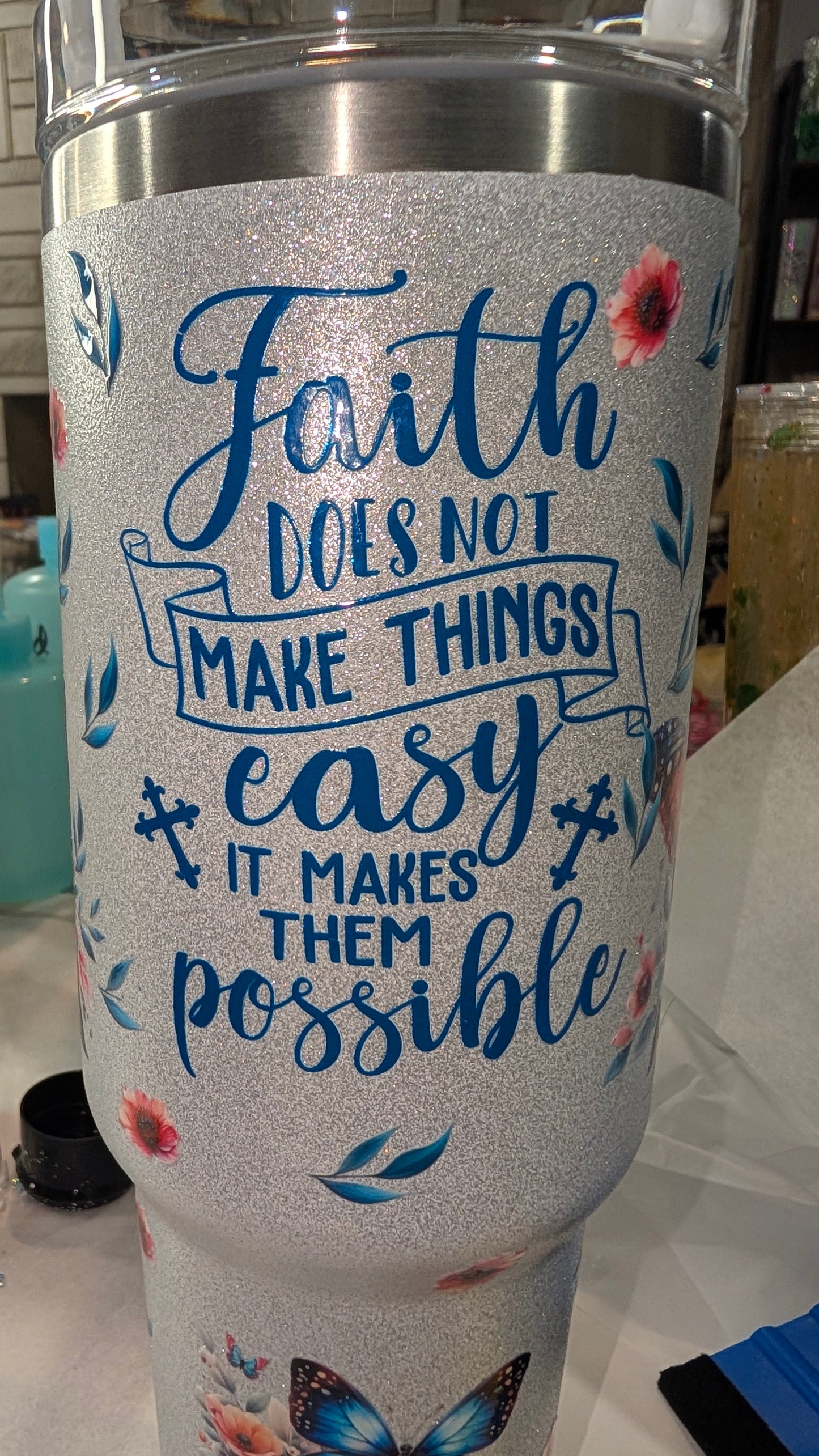 Queen Sara's Customized Faith Tumbler 40 oz. Stainless Steel Glitter Tumbler with Handle