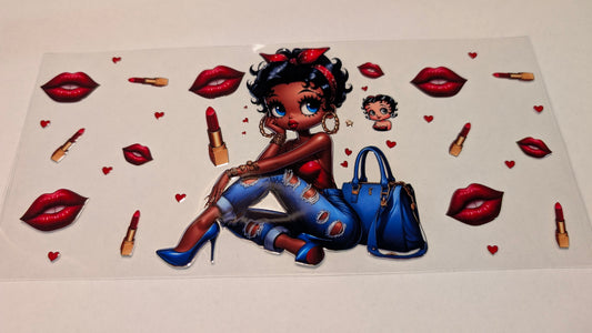 Beautiful Betty, Red, Lips, Lipstick, Blue Jeans, Blue Leather Bag, Blue Stilettos