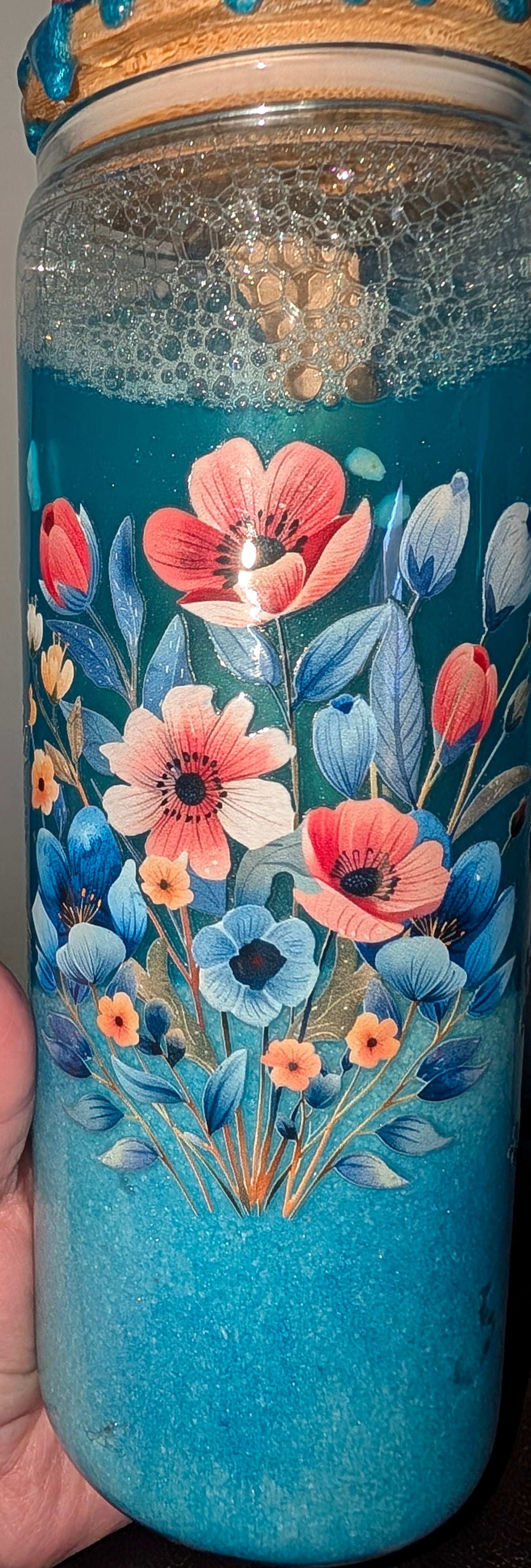 *25 oz Glass Beach Tumbler, Pink & blue flowers, For we walk by faith, not by sight. 2 Corinthians 5:7