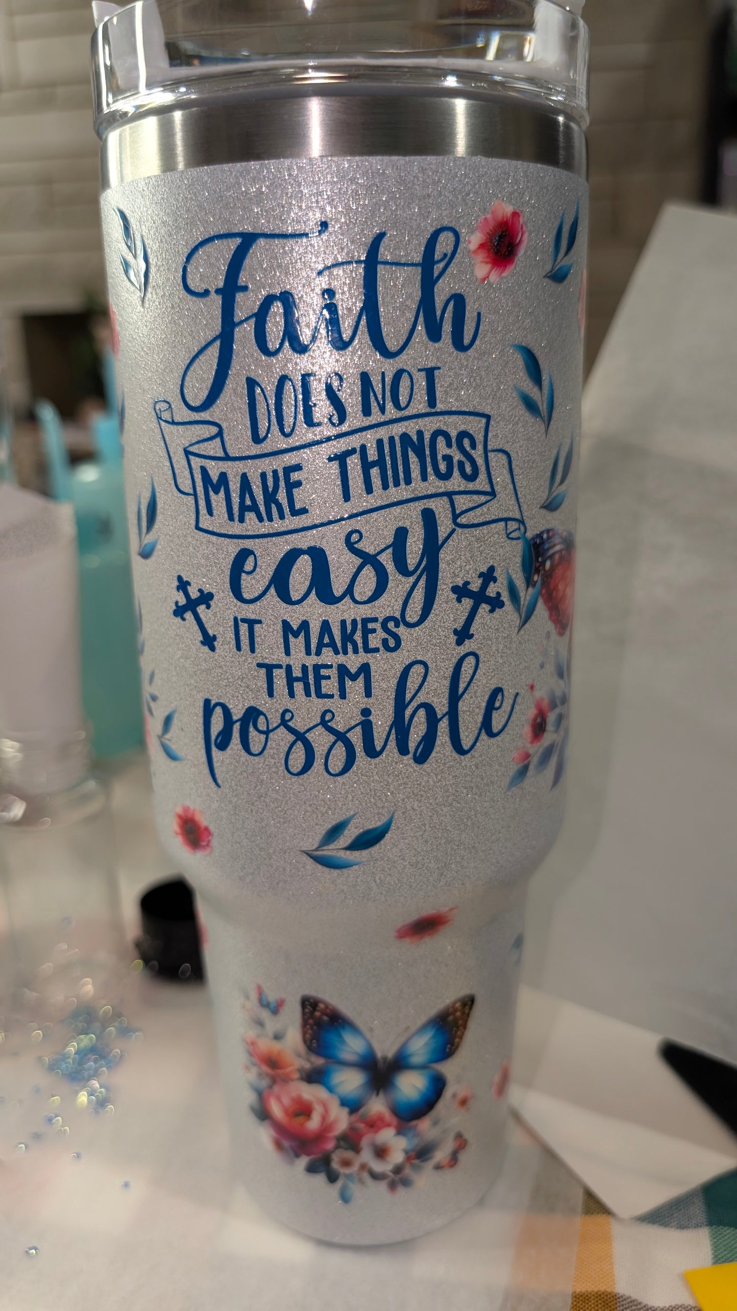 Queen Sara's Customized Faith Tumbler 40 oz. Stainless Steel Glitter Tumbler with Handle