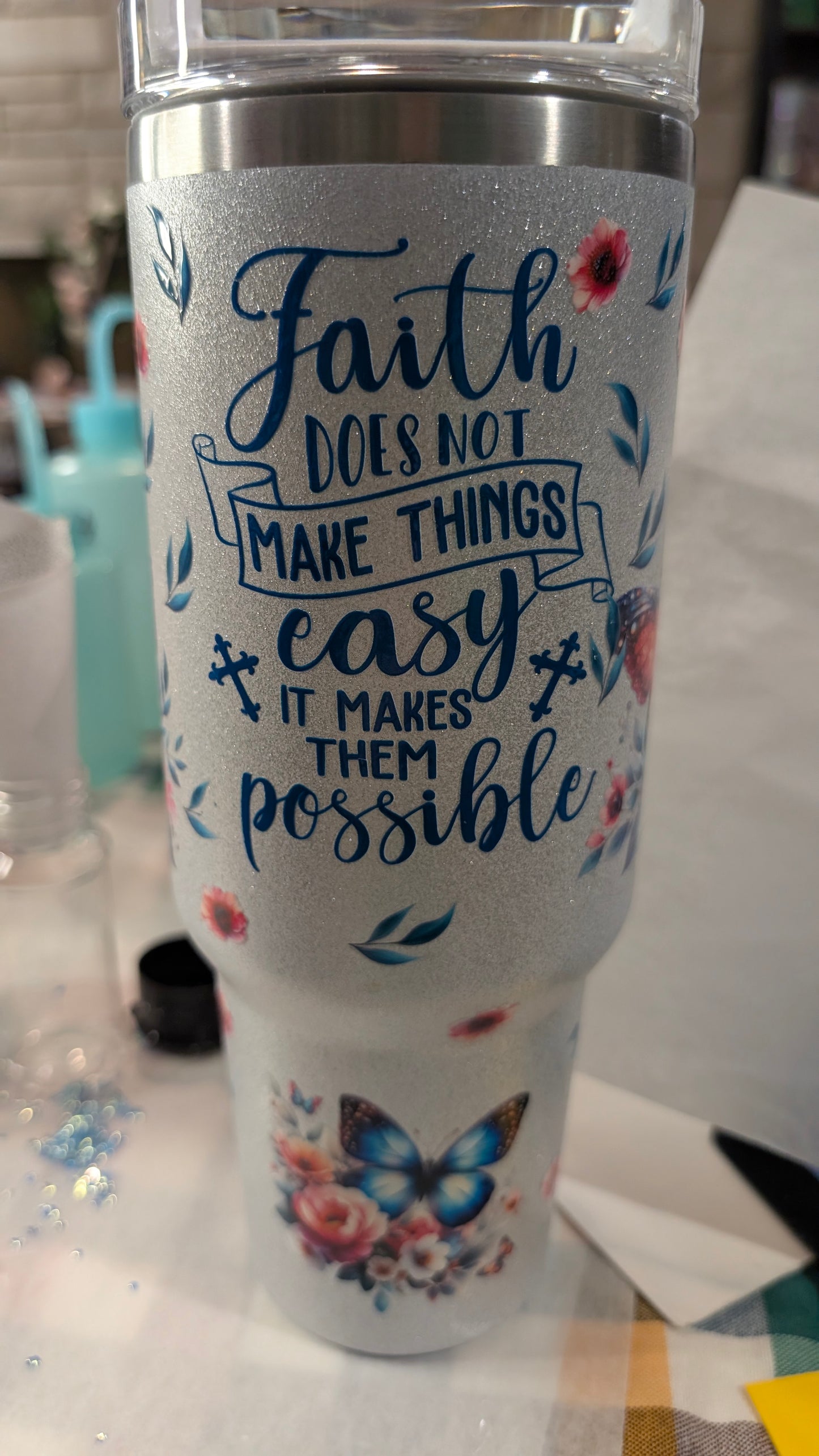 Queen Sara's Customized Faith Tumbler 40 oz. Stainless Steel Glitter Tumbler with Handle